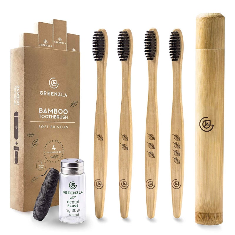 Greenzla Bamboo Toothbrushes, Wooden Toothbrush Set with Soft Bristles, Includes Travel Case and Charcoal Dental Floss, 4 Pack - Image 1