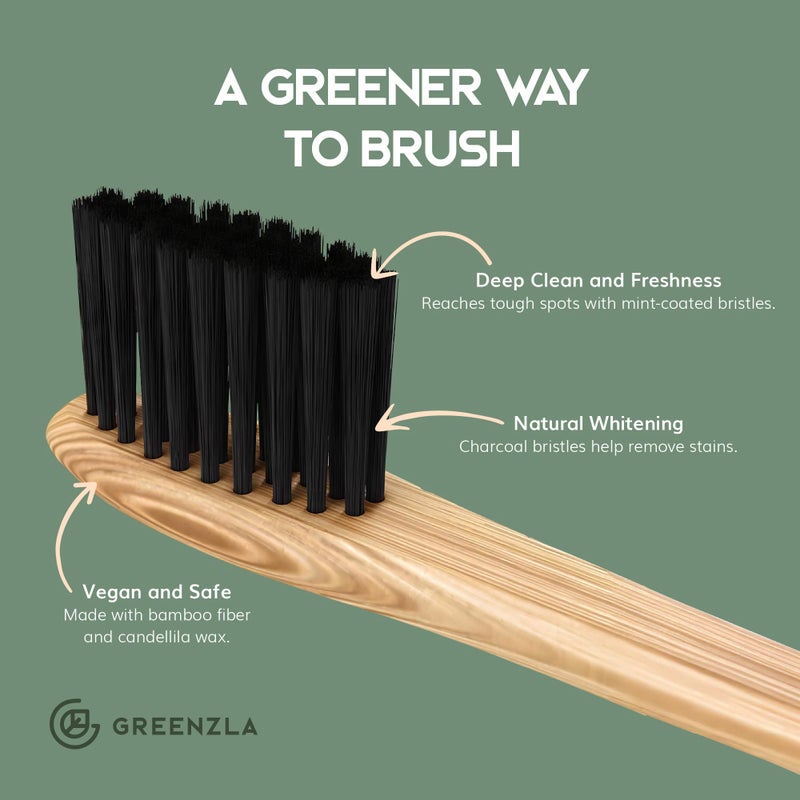 Greenzla Bamboo Toothbrushes, Wooden Toothbrush Set with Soft Bristles, Includes Travel Case and Charcoal Dental Floss, 4 Pack - Image 4