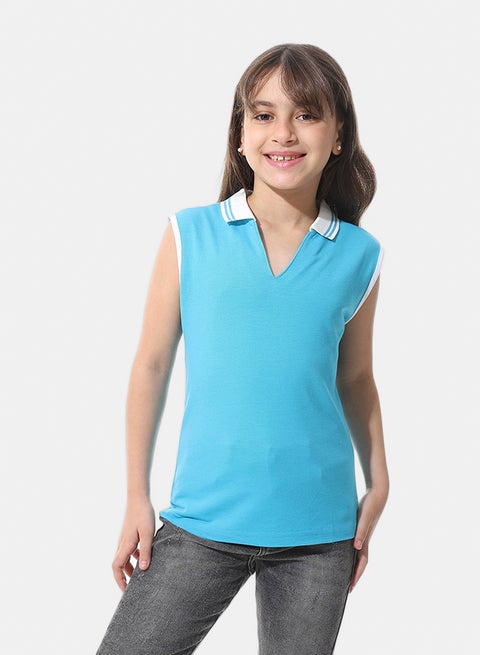Sleeveless Pique Girls Polo Shirt _ Dark Turquoise & White