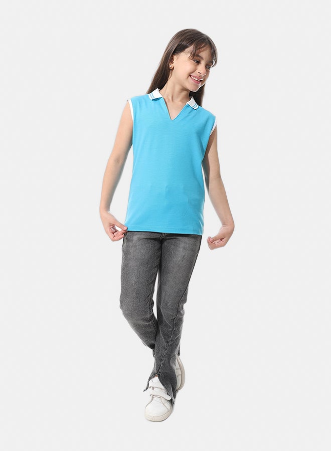 Andora Sleeveless Pique Girls Polo Shirt _ Dark Turquoise & White - Image 5
