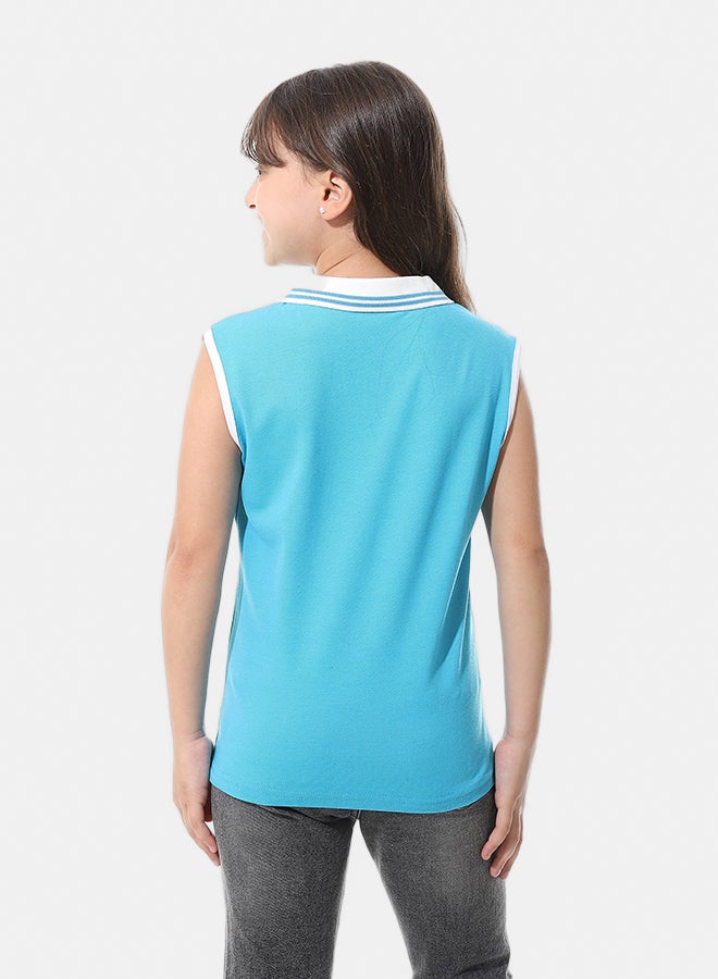 Andora Sleeveless Pique Girls Polo Shirt _ Dark Turquoise & White - Image 4