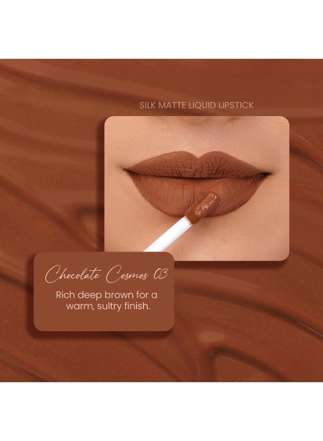 Parul Garg Beauty Silk Matte Liquid Lipstick|Long-Lasting & Smudge-Proof|Soft Matte Finish|Vegan & Clean Beauty|Hydrates with Shea Butter & Vitamin E|Shade: Chocolate Cosmos 03 - Deep Brown, 3ml - Image 2