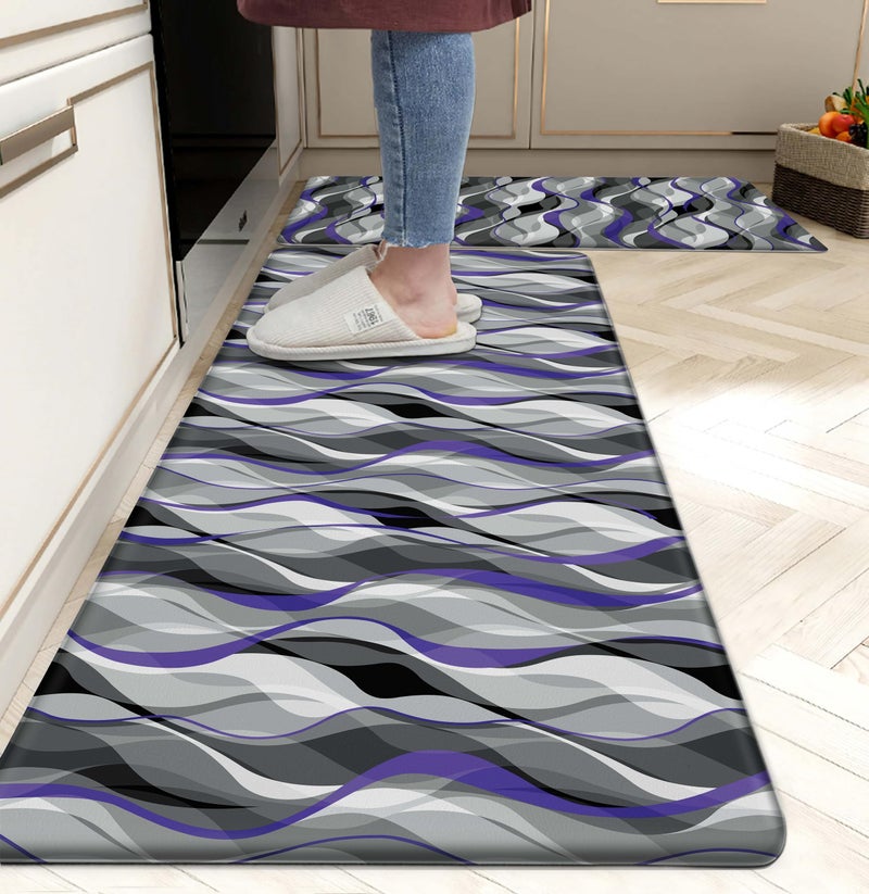 weesire Kitchen Mats for Floor Modern Abstract kitchen rugs Grey and Purple Stripe Anti Fatigue Kitchen Mats Waterproof Floor Mats Cushioned Non-Skid Standing Mats for Kitchen, Set of 2,17.3 x 28+17.3 x 47 - Image 1