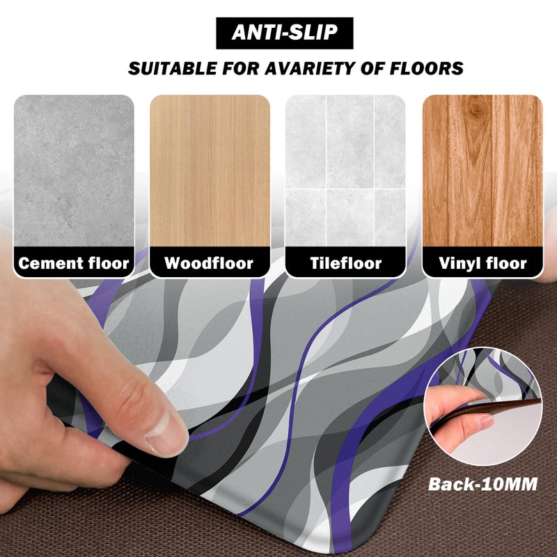 weesire Kitchen Mats for Floor Modern Abstract kitchen rugs Grey and Purple Stripe Anti Fatigue Kitchen Mats Waterproof Floor Mats Cushioned Non-Skid Standing Mats for Kitchen, Set of 2,17.3 x 28+17.3 x 47 - Image 3