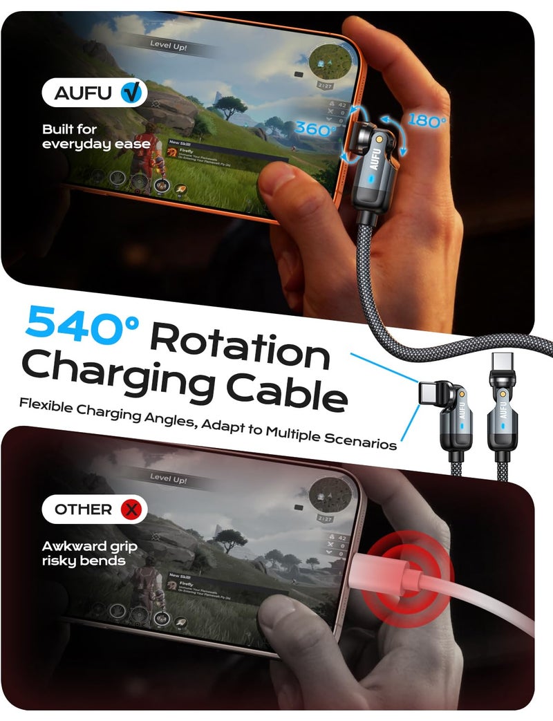AUFU PD 60W USB C to USB C Cable 10ft(1Pack), Double 180Â° +360Â°Rotation/C to C Fast Charging/Type C to Type C Cable/10ft USB C Cable for 1Phone 17/16/15/Ma-Book/Pad Series, Samsung Galaxy Series - Image 2