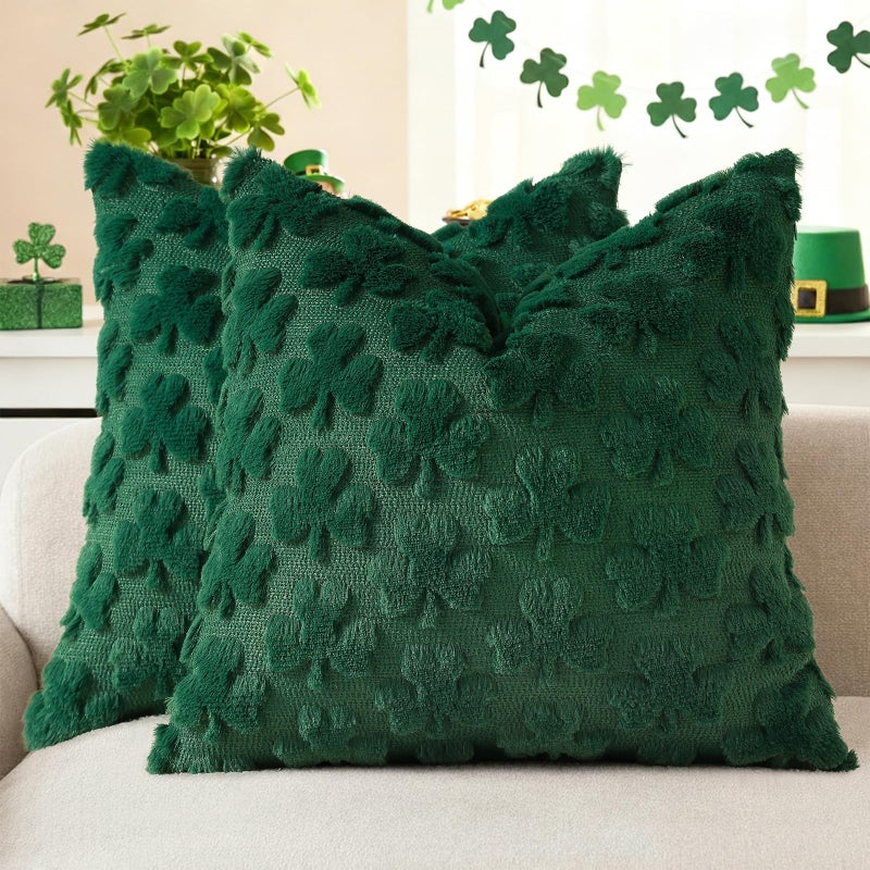 decorUhome St Patricks Day Shamrock Green Pillow Covers 18x18 Inch Set of 2 Soft Plush Faux Wool Throw Pillow Covers Farmhouse Spring Holiday Decor for Sofa Living Room - Image 2