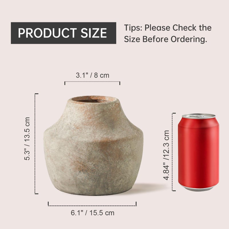 Mitt&Ditt Ceramic Flower Vase, 5.3 inch Pottery Farmhouse Rustic Vase, Handcrafted Weathered Vases, Small Flower Terracotta Vases for Home Decor, Living Room, Table, Shelf, Mantel, Neutral - Image 2