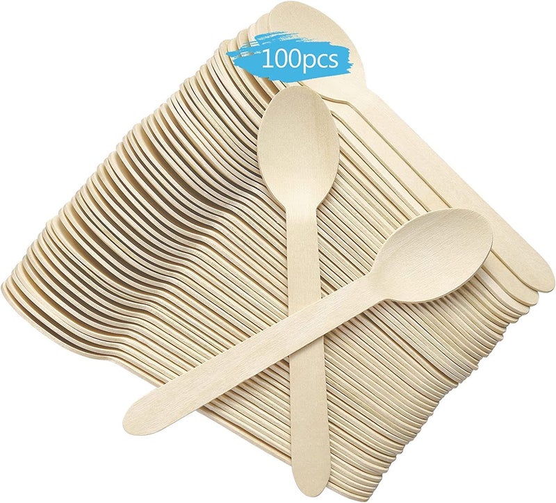 AmigozZ Disposable Wooden Spoon, Biodegradable Eco Friendly Ice Cream Coffee Dessert Tea Spoon for Parties, Office and Travel Usage, 11cm Length, Set of 100 Pieces (Beige) - Image 1