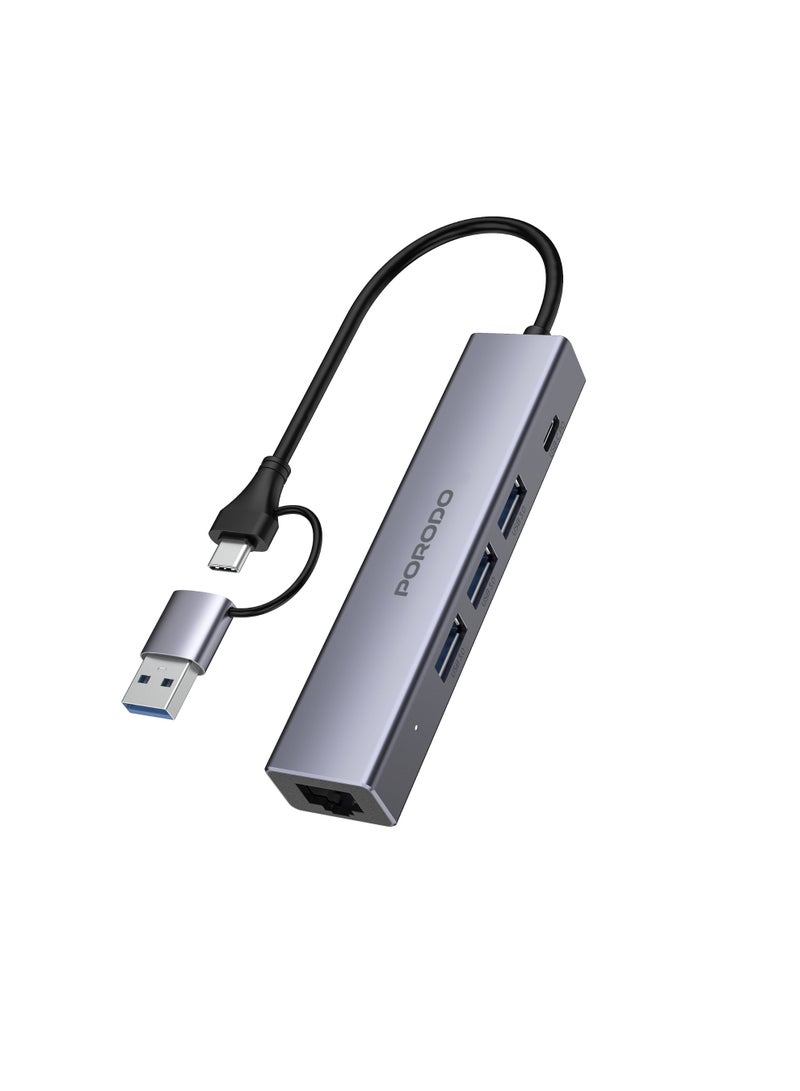 porodo Multiport Hub with Interchangeable Heads / Upto 5Gbps Data Transfer Rate / Universal Compatibility / Plug & Play  / Ethernet Port / 100W USB-C PD Port - Grey - Image 1
