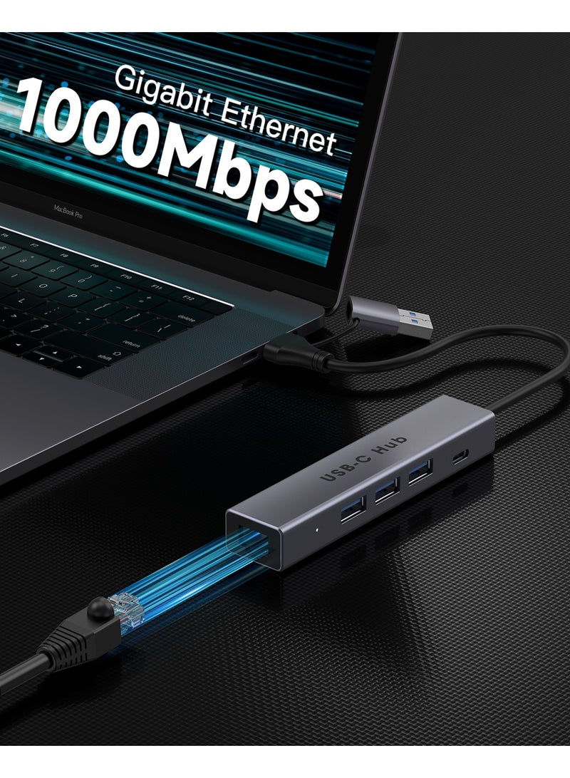 porodo Multiport Hub with Interchangeable Heads / Upto 5Gbps Data Transfer Rate / Universal Compatibility / Plug & Play  / Ethernet Port / 100W USB-C PD Port - Grey - Image 5