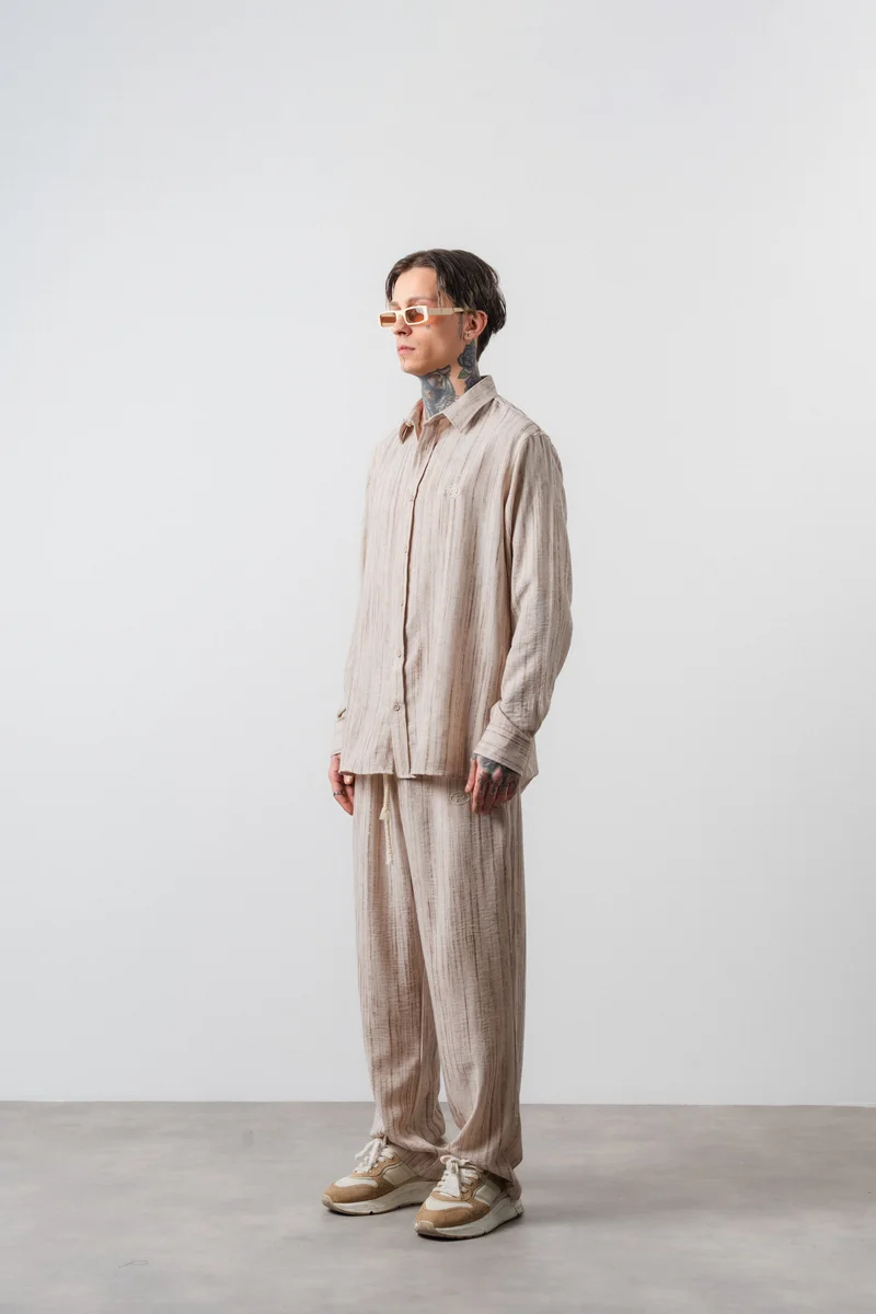 RESPIRE Men's R Embroidered Oversize Shirt and Pants Suit Beige