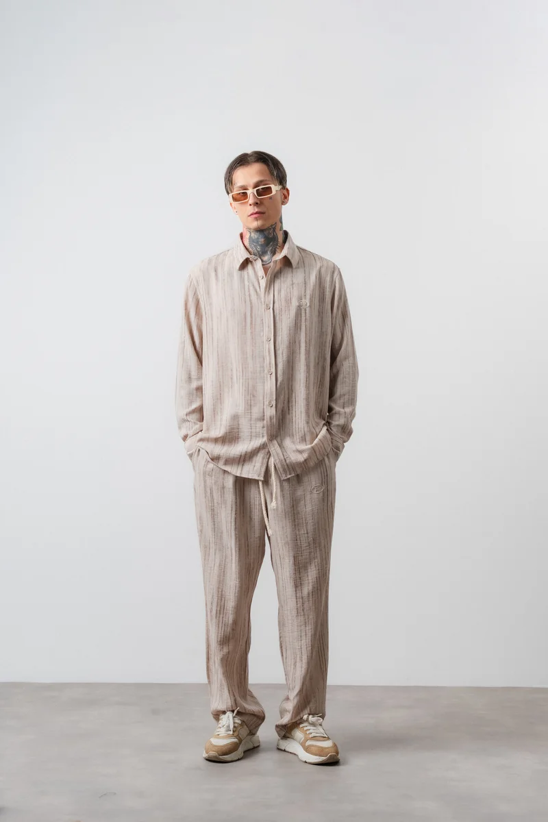 RESPIRE Men's R Embroidered Oversize Shirt and Pants Suit Beige