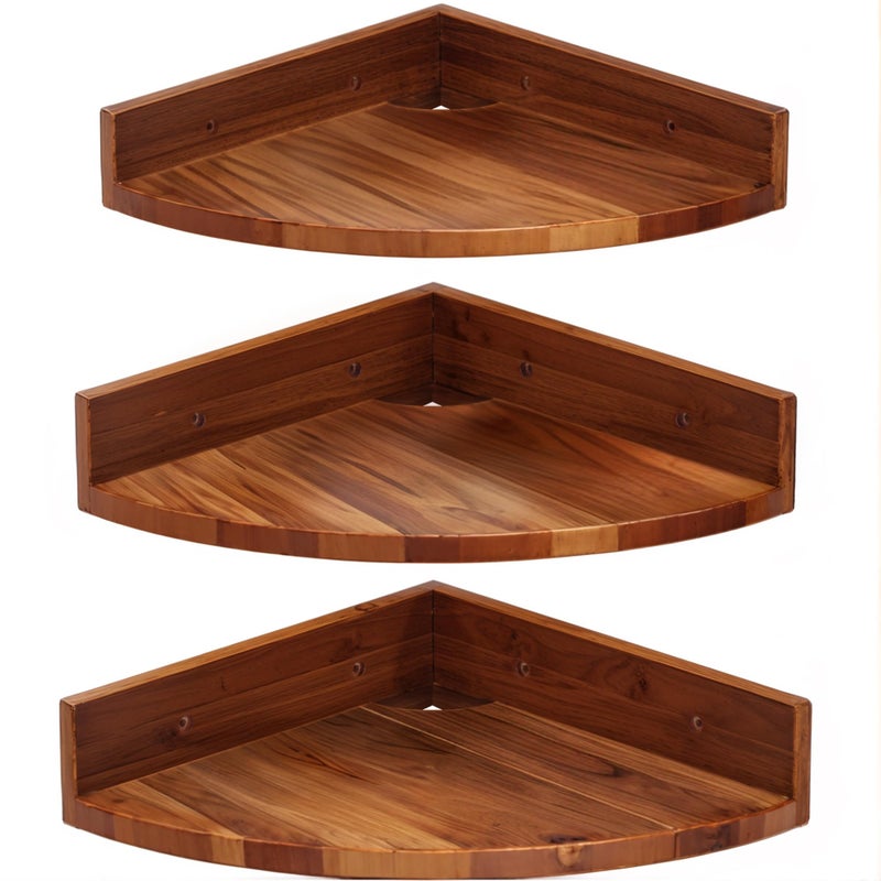 DEMIGO مجموعة رفوف زاوية ديميغو مثبتة على الحائط من 3 قطع من خشب الأكاسيا الصلب رفوف زاوية عائمة دائرية للتخزين والعرض رفوف خشبية معلقة لغرفة النوم والمطبخ وغرفة المعيشة والحمام بني