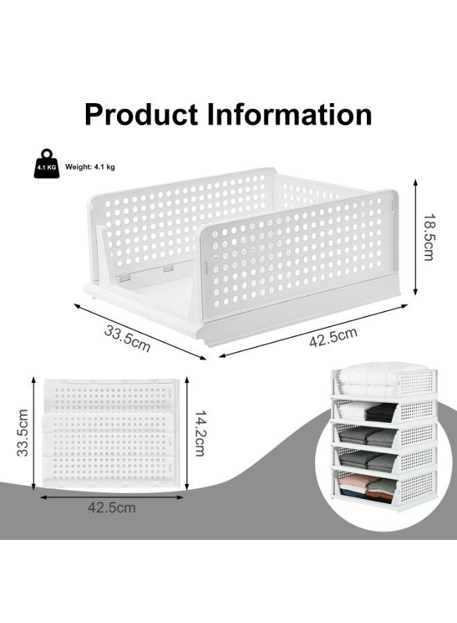 4 Pack 5 Pack Foldable Storage Box Storage Bins Stackable Closet Organizers Large Drawer Shelf Storage Basket Plastic Folding Containers Cubes for Clothes, Office White 5 Set