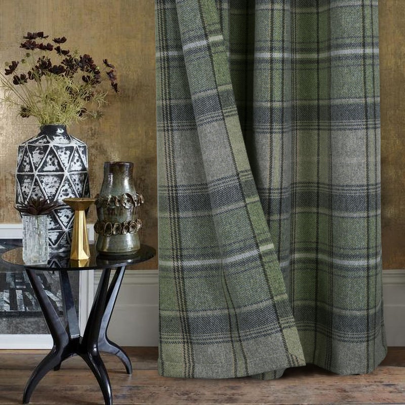always4u Woolen Look Plaid Curtains Modern Window Panels Green Check Tartan Curtains for Living Room Bedroom 2 Panels Green 45 * 84 Inches - Image 4
