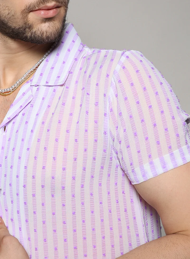 Campus Sutra Men's White & Lavender Balanced Striped Shirt