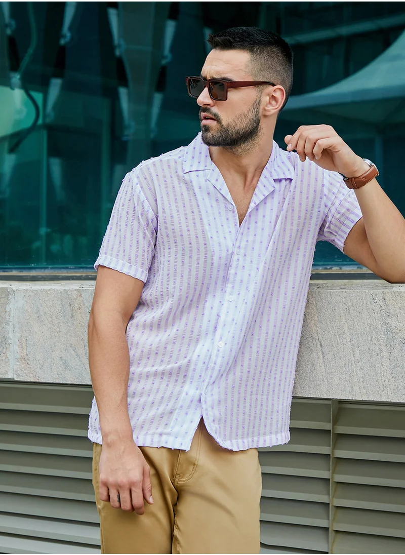 Campus Sutra Men's White & Lavender Balanced Striped Shirt