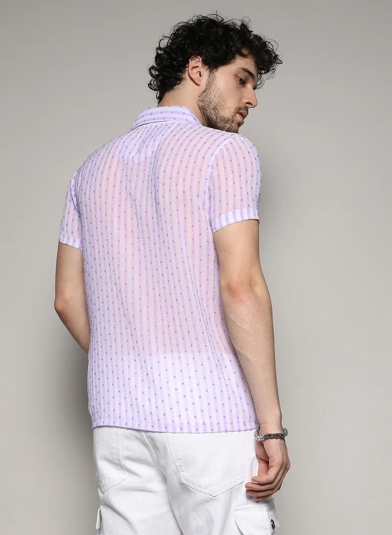 Campus Sutra Men's White & Lavender Balanced Striped Shirt