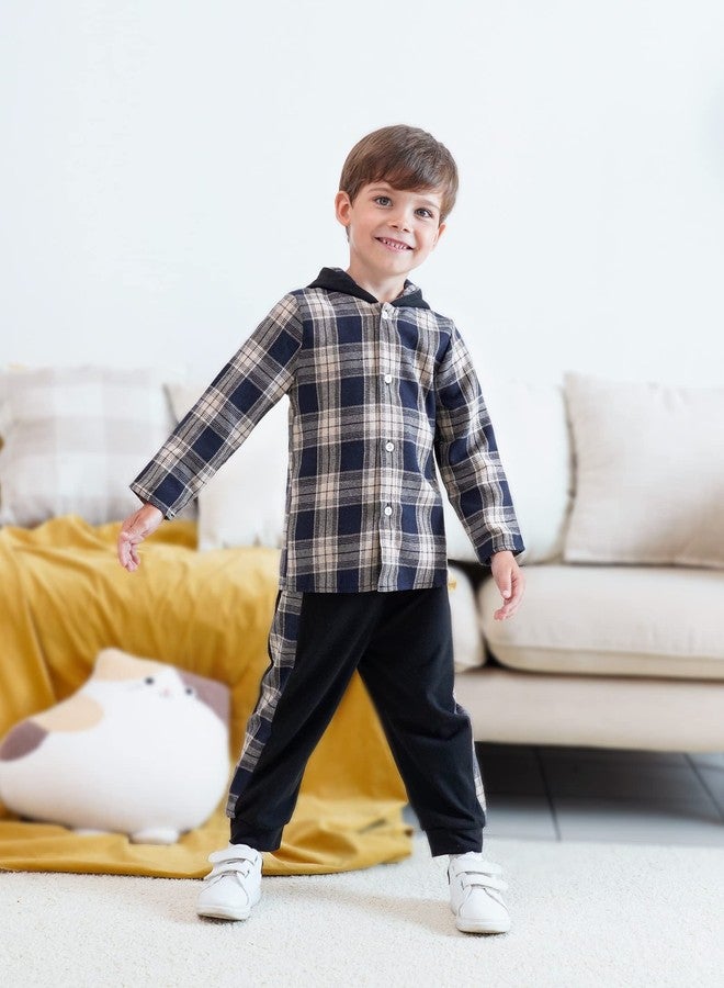 Fuermos Toddler Baby Boys Clothes Flannel Lattice Button Down Hooded Tops +Pants Boys Fall Winter Outfits(2-3T) - Image 2