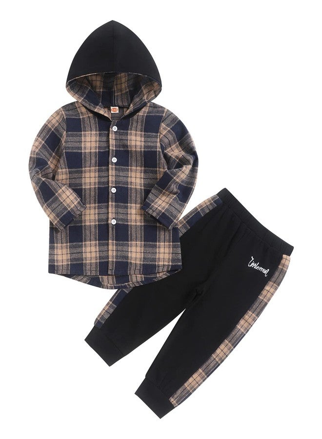 Fuermos Toddler Baby Boys Clothes Flannel Lattice Button Down Hooded Tops +Pants Boys Fall Winter Outfits(2-3T) - Image 1