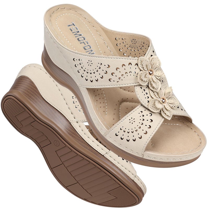 TEMOFON Womens Wedge Sandals Leather: Casual Dressy Women Beige Summer Platform Wedge Sandals Slip on Low Heels Comfortable Walking Size 5 - Image 1