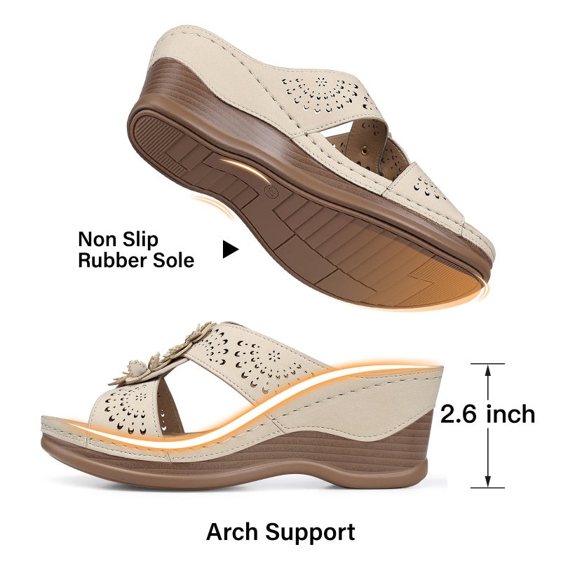 TEMOFON Womens Wedge Sandals Leather: Casual Dressy Women Beige Summer Platform Wedge Sandals Slip on Low Heels Comfortable Walking Size 5 - Image 5