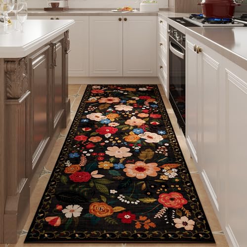Rugcomf Runner Rug for Hallways Kitchen Rug Non Slip 2'x 6' Washable Runner Rugs with Rubber Backing Soft Floral Carpet Runner for Hallways, Kitchen, Laundry, Bedroom, Bathroom(Black) - Image 1