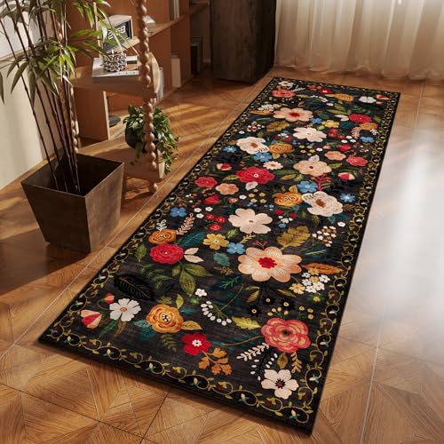 Rugcomf Runner Rug for Hallways Kitchen Rug Non Slip 2'x 6' Washable Runner Rugs with Rubber Backing Soft Floral Carpet Runner for Hallways, Kitchen, Laundry, Bedroom, Bathroom(Black) - Image 5