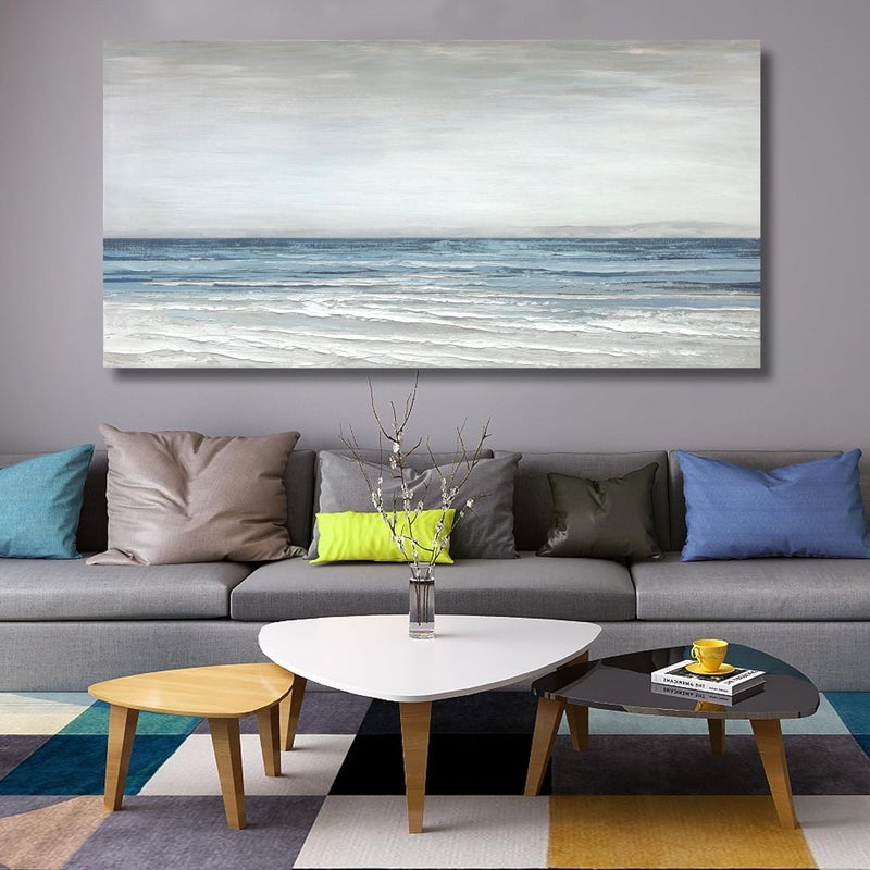 TRAIN2 ART Abstract Wall Art Painting Wall Decor Large Artwork Textured Blue and White Sea Background Canvas Wall Art for Living Room Bedroom Home Decor 20"x40" - Image 2