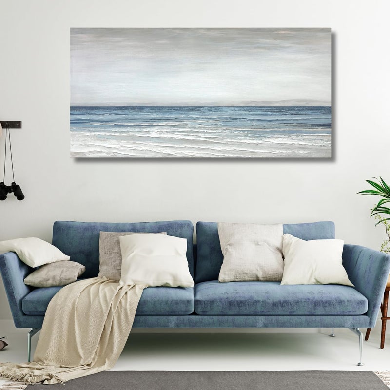 TRAIN2 ART Abstract Wall Art Painting Wall Decor Large Artwork Textured Blue and White Sea Background Canvas Wall Art for Living Room Bedroom Home Decor 20"x40" - Image 1