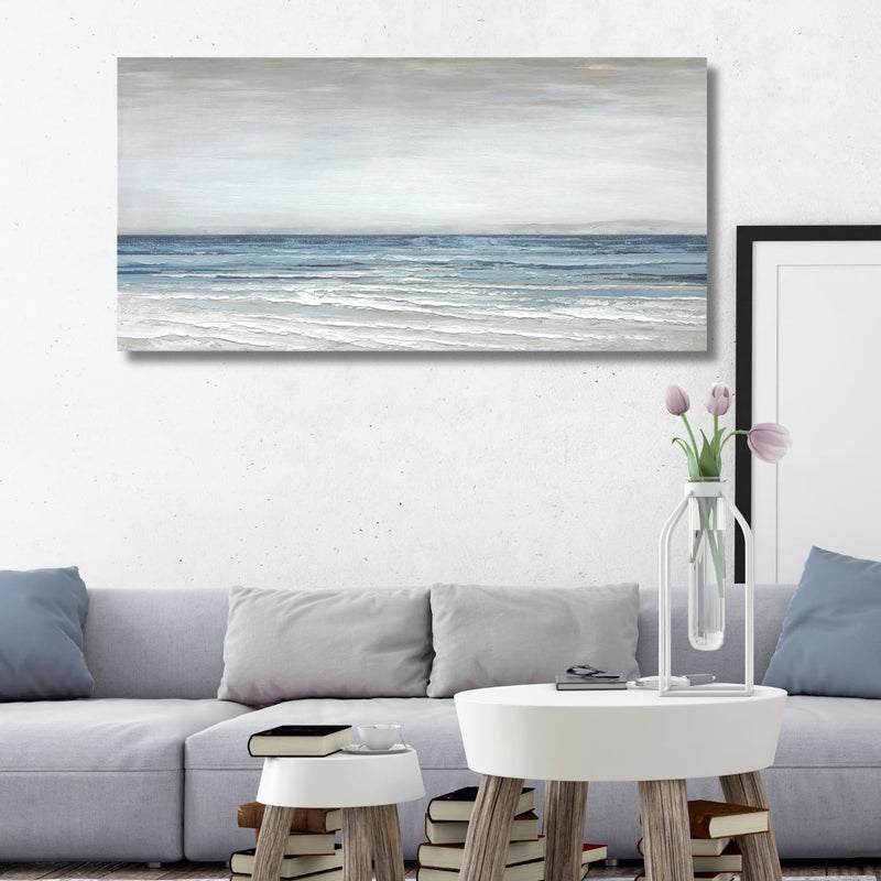 TRAIN2 ART Abstract Wall Art Painting Wall Decor Large Artwork Textured Blue and White Sea Background Canvas Wall Art for Living Room Bedroom Home Decor 20"x40" - Image 3