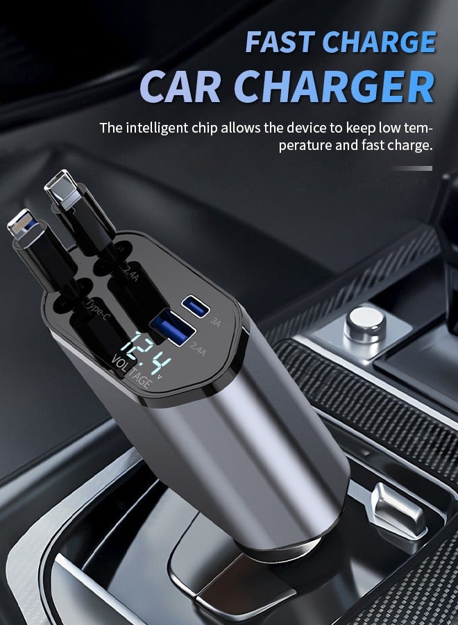 Retractable Car Charger, 4 in 1 Car Fast Charger for iPhone and Type C, Retractable Cables and 2 Charging Ports, Compatible with Mobile Phones/Earphones/Table  - Image 1