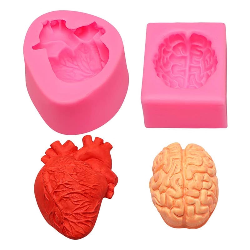 2 Pack Organ Shape Silicone Heart Brain Epoxy Resin Decoration Plaster Candle Aroma Fondant Mousse Chocolate DIY Aromatherapy Mold