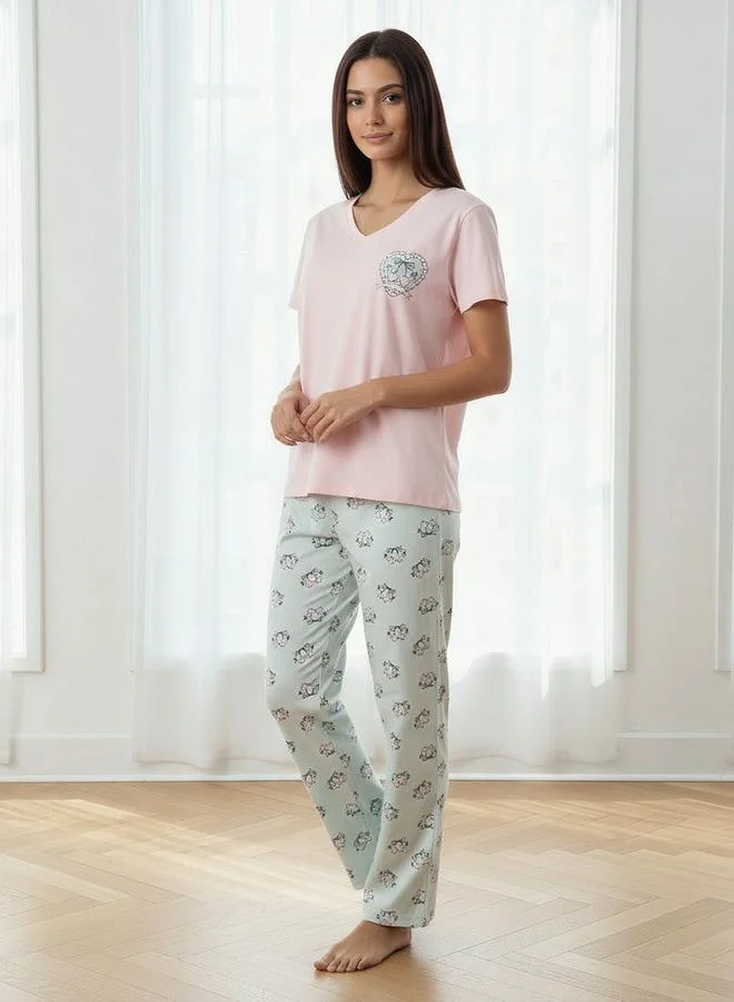 سبلاش فيڤ طقم بيجاما قطن قميص بياقة على شكل حرف  وسروال