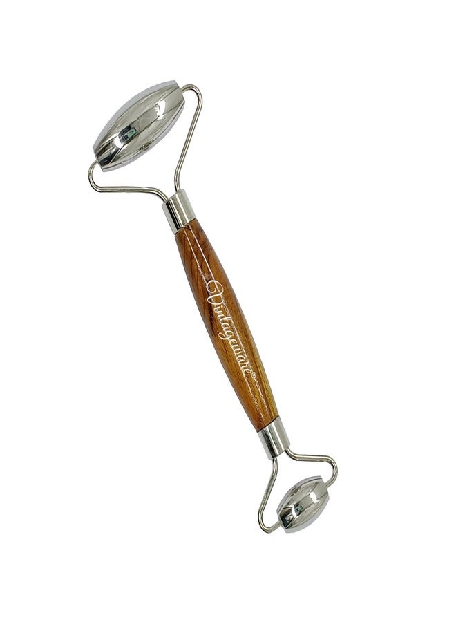 Vintageware® Premium Handmade Stainless Steel Facial Roller Beauty Tool With Natural Wooden Handle for Enhancing Your facecare Routine and Achieving Youthful, Glowing Skin - Image 1