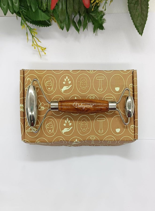 Vintageware® Premium Handmade Stainless Steel Facial Roller Beauty Tool With Natural Wooden Handle for Enhancing Your facecare Routine and Achieving Youthful, Glowing Skin - Image 3