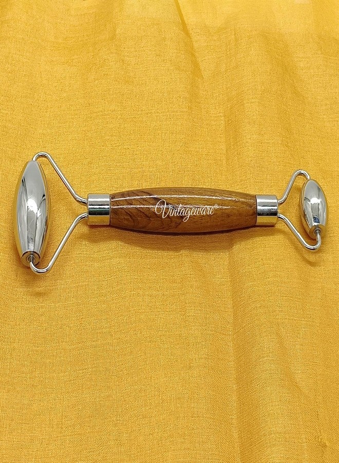 Vintageware® Premium Handmade Stainless Steel Facial Roller Beauty Tool With Natural Wooden Handle for Enhancing Your facecare Routine and Achieving Youthful, Glowing Skin - Image 5