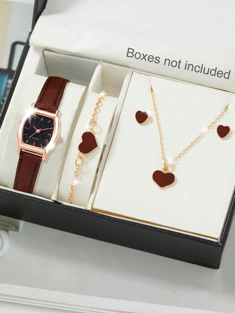 QUARTZ Elegant women’s jewelry set including a watch, bracelet, necklace, and earrings with heart design in gold and brown, perfect for gifts and occasions. - Image 2