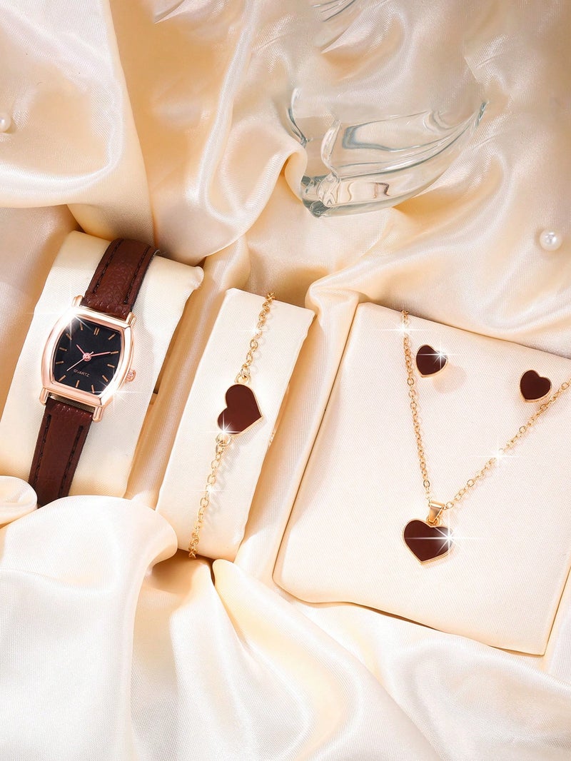 QUARTZ Elegant women’s jewelry set including a watch, bracelet, necklace, and earrings with heart design in gold and brown, perfect for gifts and occasions. - Image 1