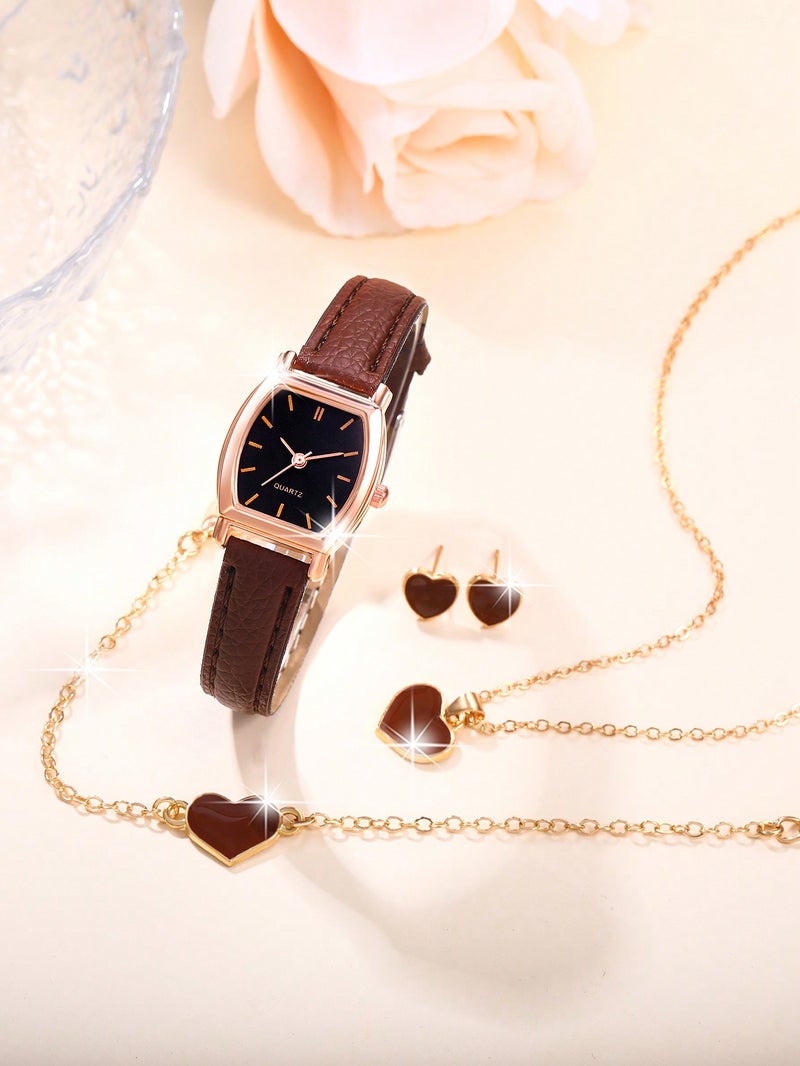QUARTZ Elegant women’s jewelry set including a watch, bracelet, necklace, and earrings with heart design in gold and brown, perfect for gifts and occasions. - Image 4