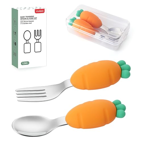 YIVEKO Baby Fork and Spoon Set with Carry Case Baby Training Utensils Self Feeding Toddler Silverware Silicone and Stainless Steel Kids and Toddler Utensil SetCarrot - Image 1