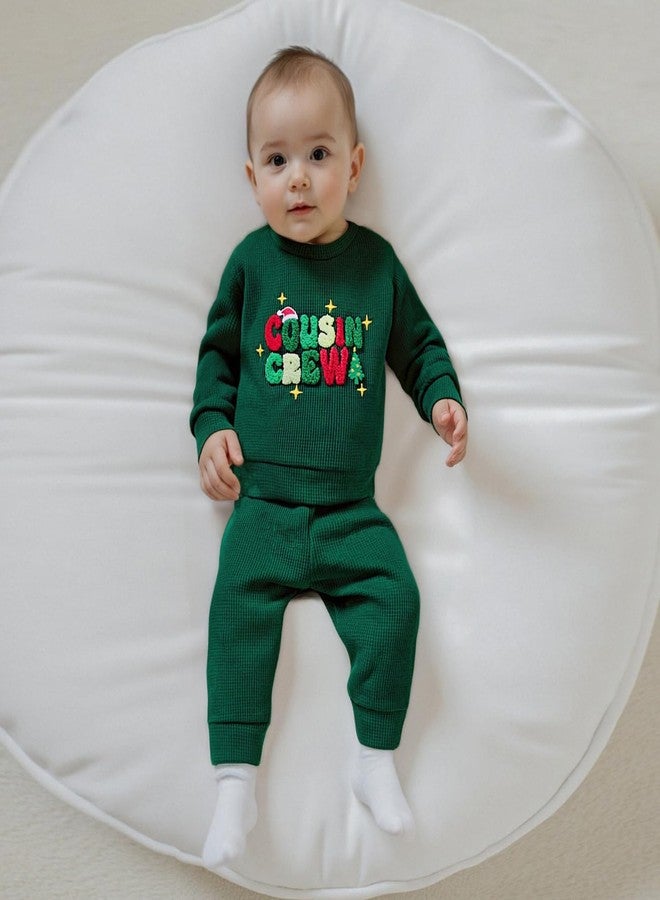 Karuedoo Toddler Baby Boy Christmas Outfit Cousin Crew Embroidery Waffle Knit Long Sleeve Sweatshirt and Pants Set (Green, 6-12 Months) - Image 2