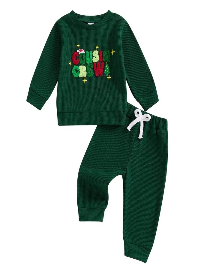 Karuedoo Toddler Baby Boy Christmas Outfit Cousin Crew Embroidery Waffle Knit Long Sleeve Sweatshirt and Pants Set (Green, 6-12 Months) - Image 1