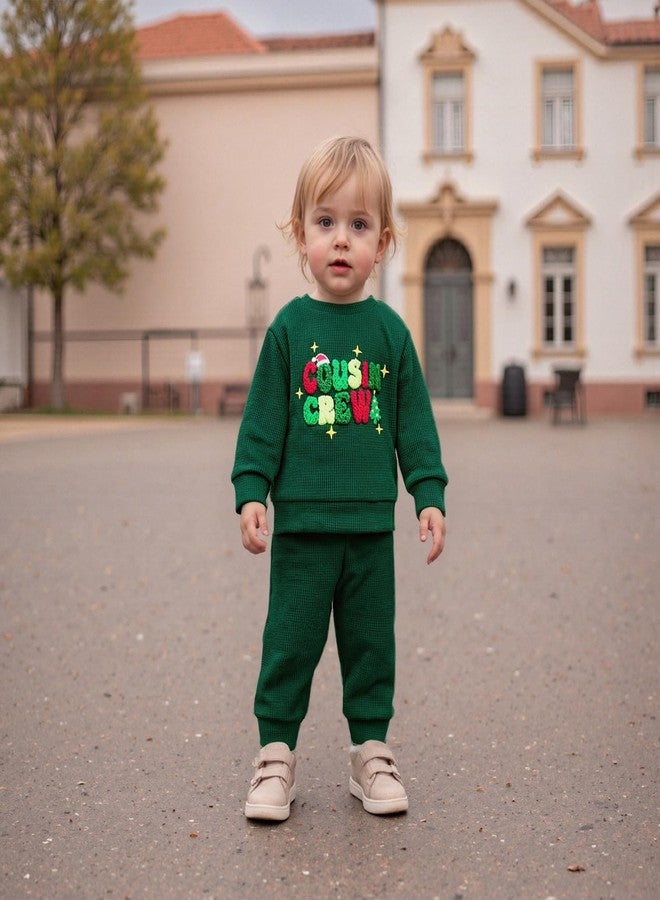 Karuedoo Toddler Baby Boy Christmas Outfit Cousin Crew Embroidery Waffle Knit Long Sleeve Sweatshirt and Pants Set (Green, 6-12 Months) - Image 4