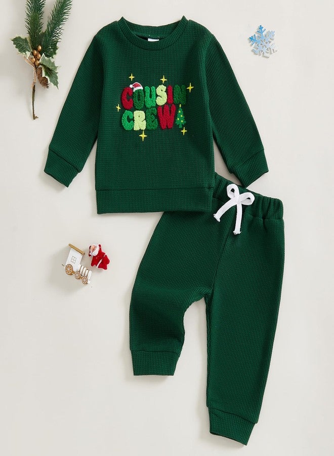 Karuedoo Toddler Baby Boy Christmas Outfit Cousin Crew Embroidery Waffle Knit Long Sleeve Sweatshirt and Pants Set (Green, 6-12 Months) - Image 5