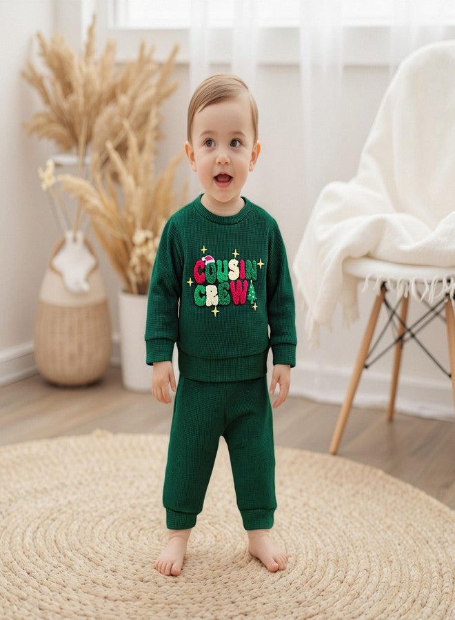 Karuedoo Toddler Baby Boy Christmas Outfit Cousin Crew Embroidery Waffle Knit Long Sleeve Sweatshirt and Pants Set (Green, 6-12 Months) - Image 3