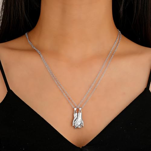 Peora Silver Plated Holding Hand Promise Couple Pendant Chain Necklace Fashion Jewellery Gift for Men & Women - Image 2