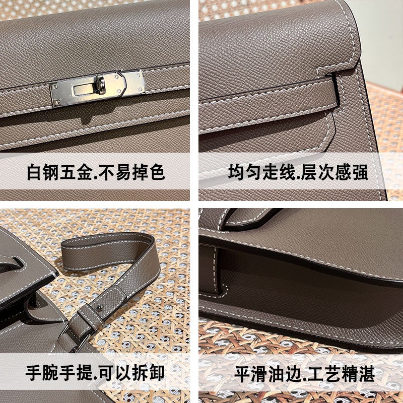 【Handcrafted】Kelly Bag Cowhide Underarm Bag Briefcase Single Shoulder Crossbody Genuine Leather Men'S Bag Small Square Bag - Image 4