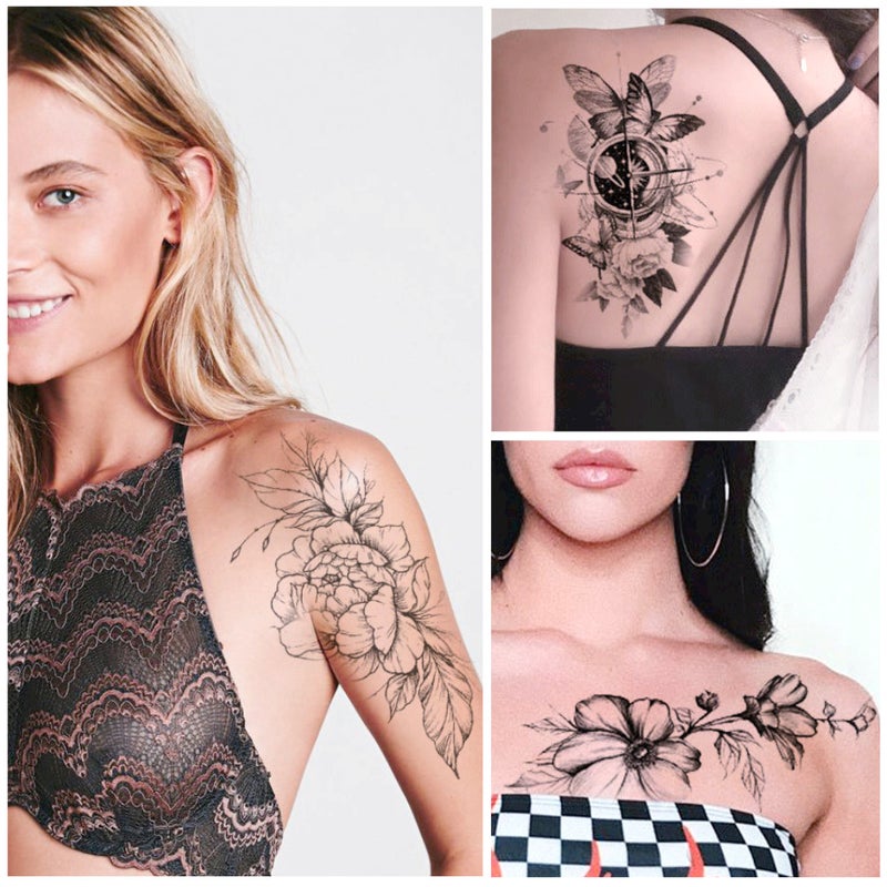 Black and White Sketch Flower Tattoo Rose suit Hand-painted Small Fresh Pattern Sketch Flower Water Transfer Scar Covering Tattoo - Image 3
