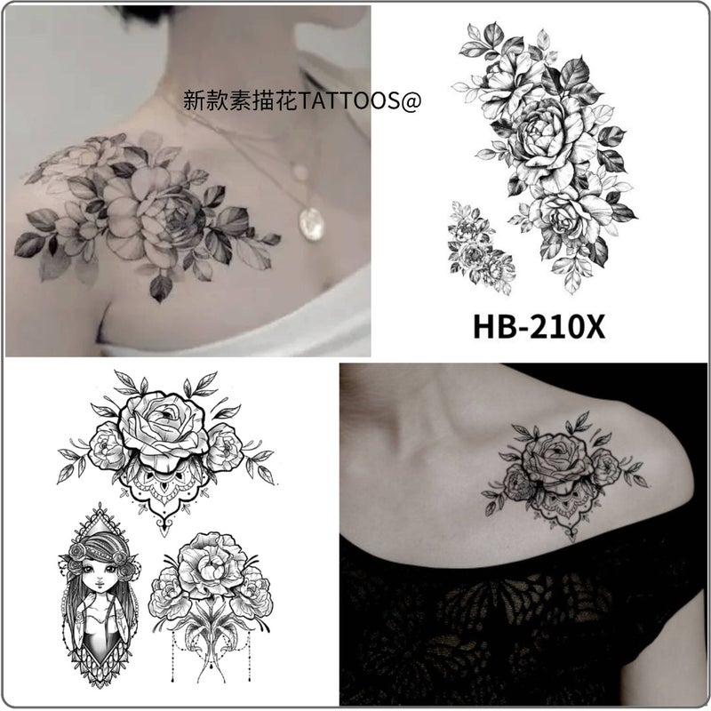 Black and White Sketch Flower Tattoo Rose suit Hand-painted Small Fresh Pattern Sketch Flower Water Transfer Scar Covering Tattoo - Image 5